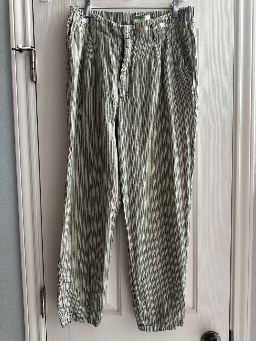 Anthropologie Striped Sage Green 100% Linen Pants Women’s 27 Coastal Boho Beach